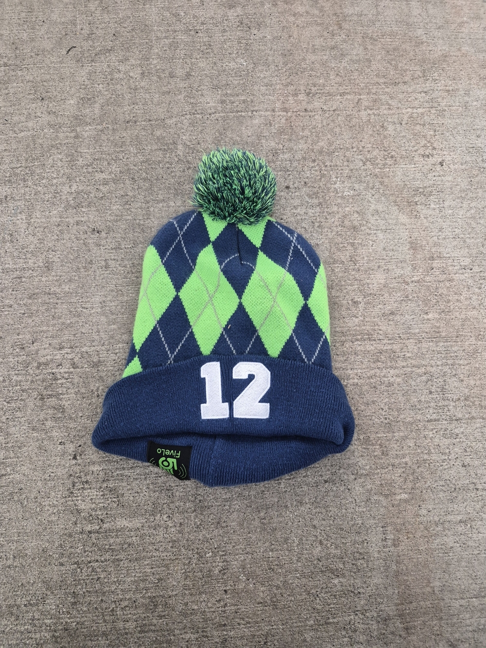 No Brand Navy & Lime Argyle Pom Beanie with '12' Patch